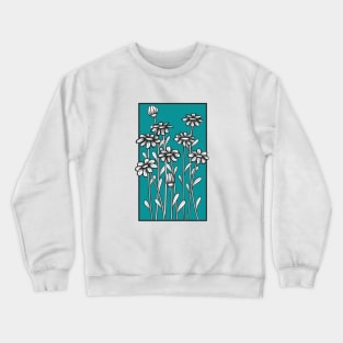 Black and white daisy flower doodle illustration in blue background Crewneck Sweatshirt